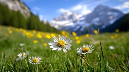 Beautiful daisies with snowy mountain backdrop in vibrant spring meadow : Generative AI