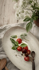 Photo of a plate with caprese salad beautifully served on irregulary shaped rhand-thrown ceramic plate with an earthy glaze, eco-style, local farm products
