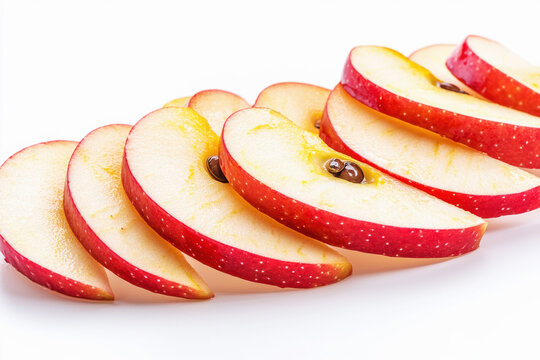 Sliced apple wedges arranged in a semi-circle with seeds visible on a pure white background showcasing freshness and detail