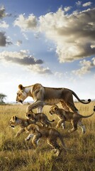 Obraz premium Phone Wallpaper Majestic Lioness Leading Cubs Across African Savanna Under Dramatic Sky