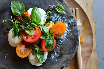 Photo of a plate with caprese salad beautifully served on a matte stone plate, dark and moody, local farm products