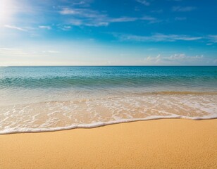 Obraz premium Sunny Beach With Golden Sand and Calm Waves Under Bright Blue Sky Midday