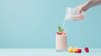 Fresh fruit smoothie preparation with strawberries and raspberries on a cheerful blue background