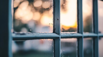 Naklejka premium Cozy view through window with warm evening sunlight bokeh : Generative AI