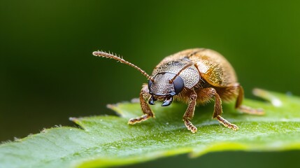 Fototapeta premium Detailed View of a Coppery Beetle on Leaf with Vivid Backdrop : Generative AI