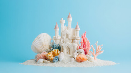 Decorative aquarium with castle and seashells for nautical home decor or aquatic-themed events