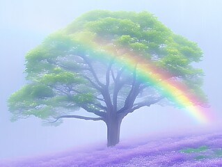 Misty rainbow over a tree in lavender field.