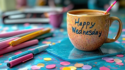 Happy Wednesday Coffee Mug with Colorful Pens and Confetti