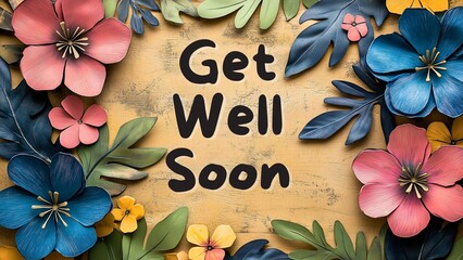 Greeting card design with cut-out floral shapes in bold colors layered on a textured kraft-paper background pen section for handwritten text get well soon