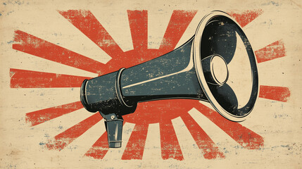  A vintage-style poster featuring an old-fashioned megaphone, representing classic propaganda and political messaging