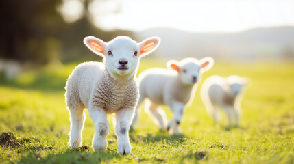 Obraz premium A group of baby lambs playing in the sun on an open field