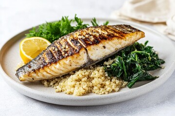 A sustainable seafood dish featuring grilled mackerel, paired with quinoa and steamed greens, styled on a clean, modern background