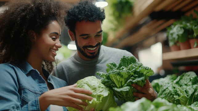 Happy couple selecting fresh lettuce in grocery store for healthy living and cooking inspiration - Powered by Adobe