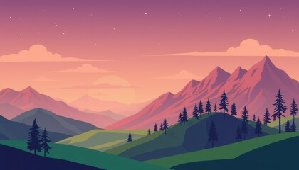 Serene Sunset Over Rolling Hills And Mountains