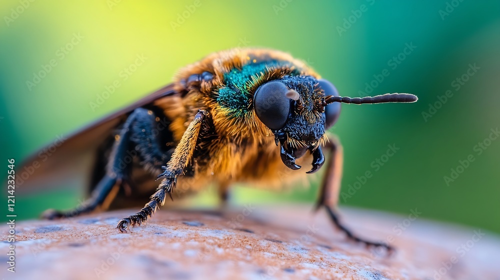 Poster vibrant colorful closeup of a unique bee on natural surface : generative ai