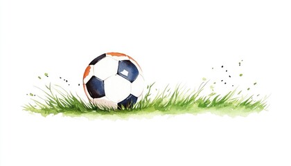 A watercolor illustration of a soccer ball resting on vibrant green grass with a serene white background