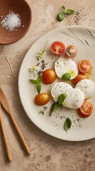 Photo of a plate with caprese salad beautifully served on irregulary shaped rhand-thrown ceramic plate with an earthy glaze, eco-style, local farm products
