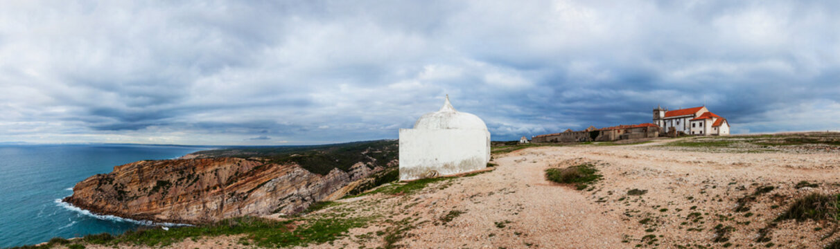Ermida da Memoria or Memory Hermitage and back of the Church of Nossa Senhora do Cabo or Pedra Mua Sanctuary. Espichel Cape. Sesimbra, Portugal