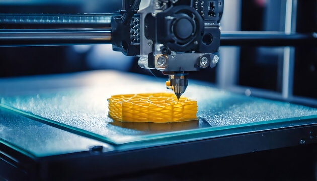 Close-up of a 3D printer in action, creating a vibrant yellow lattice structure.