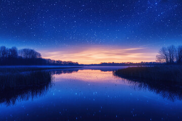 Tranquil twilight over a serene lake with shimmering reflections and emerging stars