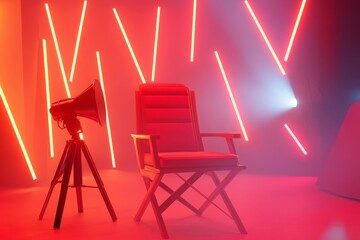 Cinema Industry Concept. Red Director Chair, Movie Clapper and Megaphone in the volumetric light. 3d Rendering, Generative AI