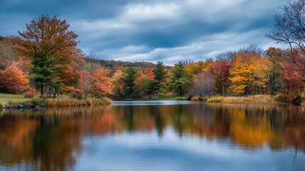 Vibrant Autumn Forest Reflected in a Calm Lake Under a Cloudy Sky : Generative AI