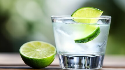 Refreshing Lime Drink with Ice Garnished with Lime Slices on Wooden Table Outdoors : Generative AI