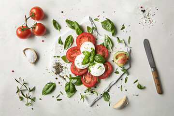 minimalist geometrical composed photo of a caprese salad on white background, top view,  locally grown tomatoes, caprese, basil, spices