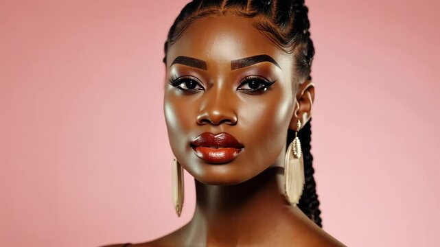 The portrait of an attractive young black female model in pink outfit  with braids hairstyle and full makeup isolated on a pink background, shot in a studio. Generative AI.