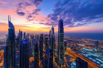Obraz premium futuristic cityscape of glass and steel skyscrapers reflecting sunset colors, illuminated by thousands of led lights, drone perspective