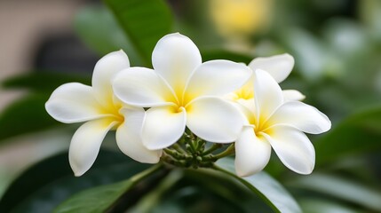Elegant White Plumeria Flowers with Yellow Centers on Lush Green Leaves : Generative AI