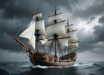 Classic sailing galleon with full white sails in a stormy weather scenario, sea, clouds, wind