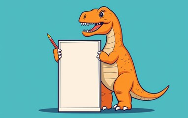 Cute cartoon dinosaur holding a crayon and drawing on a large piece of paper, celebrating National Draw a Dinosaur Day