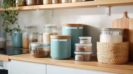A kitchen pantry with labeled jars and containers, neatly arranged for easy access, representing a fresh start to spring organization.