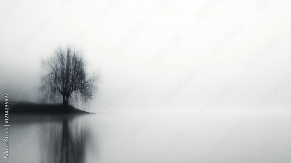 Poster solitary tree in minimalist landscape with reflective water and misty atmospheric background : gener