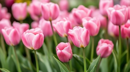 Fototapeta premium Soft Pink Tulips in Full Bloom Filling the Field with Vibrant Pastel Colors : Generative AI