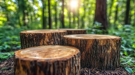 Three tree stumps in a sunlit forest setting