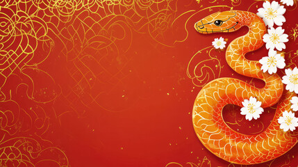 Obraz premium Golden Japanese-Themed Design for Lunar New Year Cherry Blossoms, Clouds, Snake, Red Flowers, with Text Space.