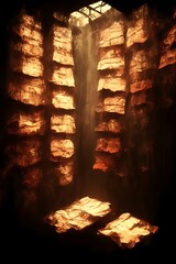 Sunbeam illuminates a dark, rocky chasm.