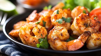 Tasty shrimp dish with herbs and spices served on black plate highlighting gourmet seafood delight : Generative AI
