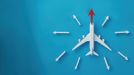 Fototapeta premium Airplane surrounded by arrows pointing in different directions, with one arrow going up, symbolizing Airline Bankruptcy, financial crisis, and recovery hopes