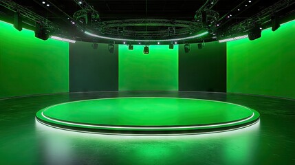 A 3D rendered virtual studio set with a central stage green screen background, and sleek futuristic elements