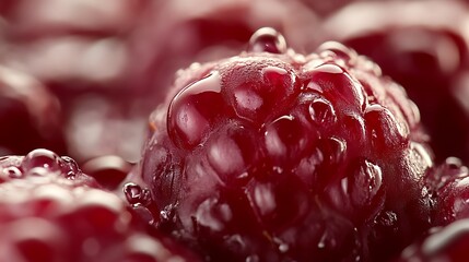 Close-up of a single raspberry covered in water droplets, surrounded by other raspberries.