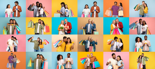 Groups of shoppers celebrate their purchases during Black Friday, showcasing colorful bags and expressing joy in a vibrant collage setting that highlights consumerism and sale enthusiasm.