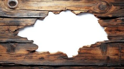 A chipped hole in a wooden wall, revealing a plain white background beyond it