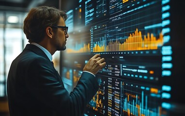 Businessman analyzing data on large screen.