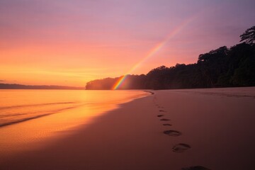 commercial photography for advertising campaign showcasing vivid rainbow stretching over secluded tropical beach at