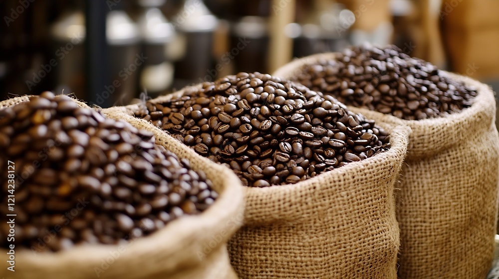 Aufkleber burlap sacks filled with freshly roasted coffee beans in rustic cafe setting : generative ai