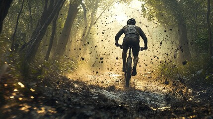 Obraz premium Mountain biking through a dense forest, mud splashes, motion blur, highly detailed terrain 