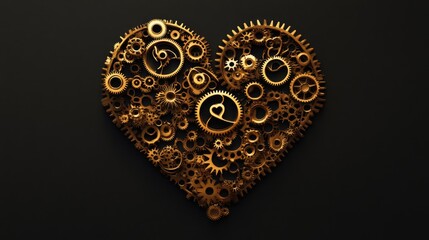 A creative design of love-shaped gears, intricately aligned, with a warm golden finish on a minimalistic background